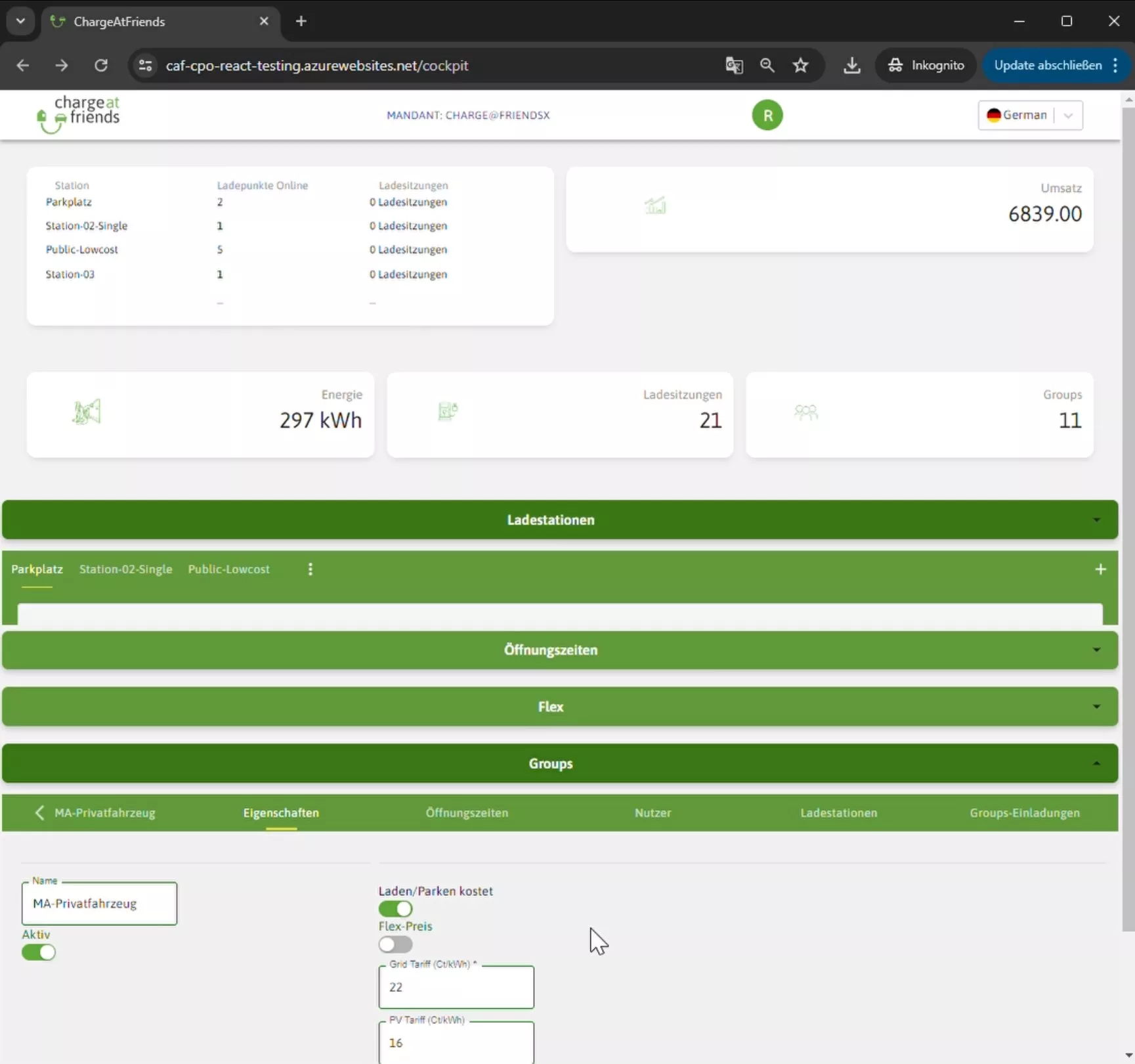 Screenshot Cockpit ChargeAtFriends
